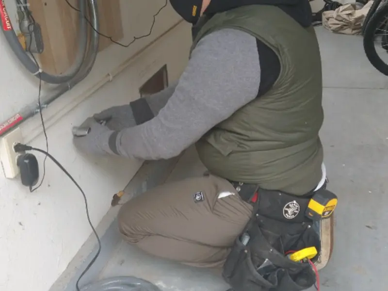 Electrician performing outlet wiring in a Lemon Hill garage